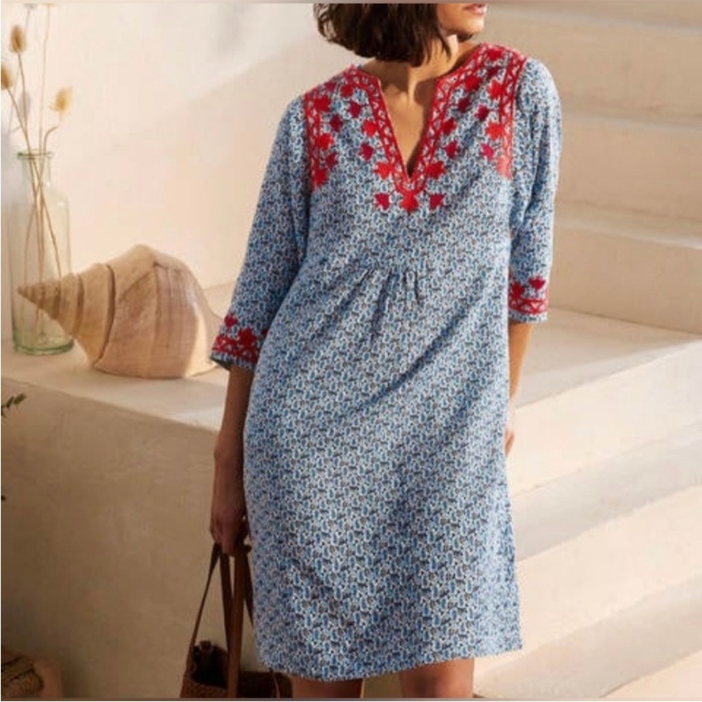 Boden Blue and Red Embroidered Linen Dress BRAND NEW with tags